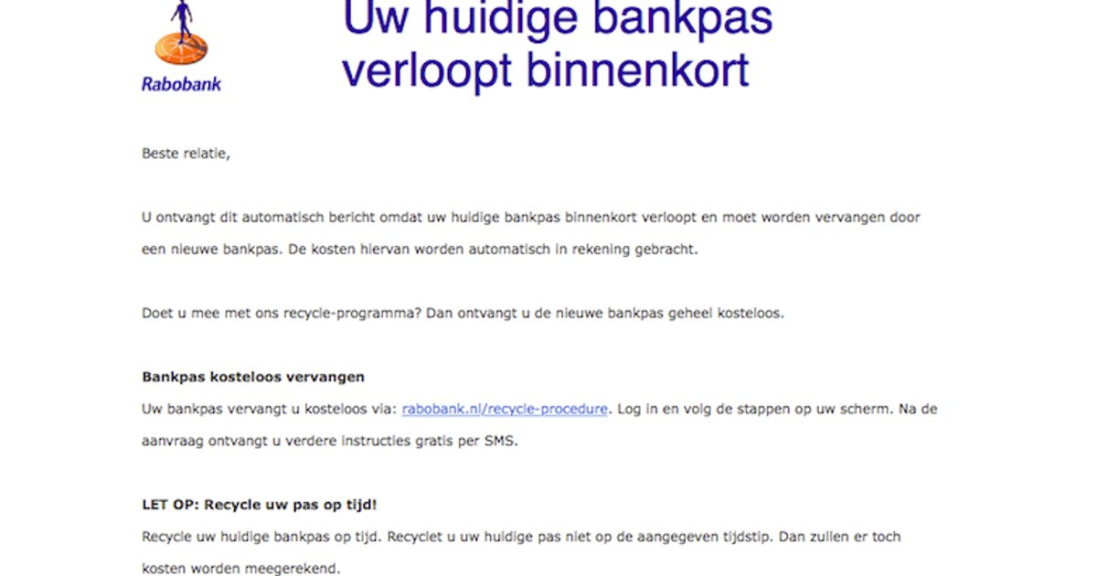 Mail van 'Rabobank' over verlopen bankpas is vals | Opgelicht?!